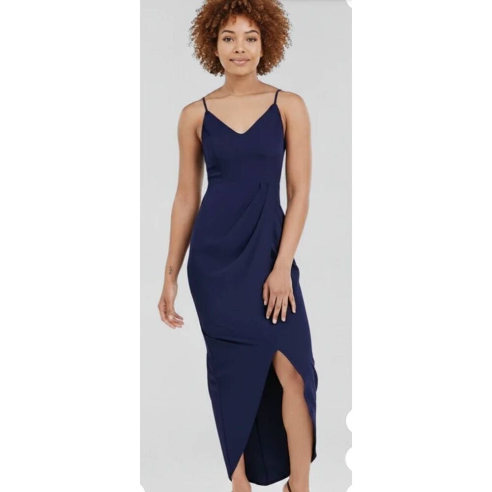 Showpo Lucky Day Maxi Strap Dress V Neck Drape Dress in Navy, NWT, Sz. 16